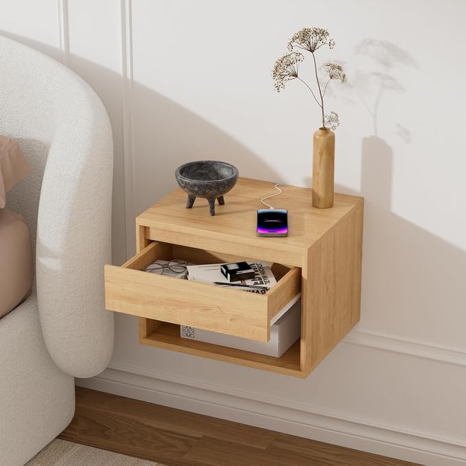 Floating Nightstands Set of 2, Mid Century Modern End Table with Drawer and Open Compartment Wall Mounted Wooden Bedside Night Stand Small Storage Cabinet for Bedroom, Natural Oak