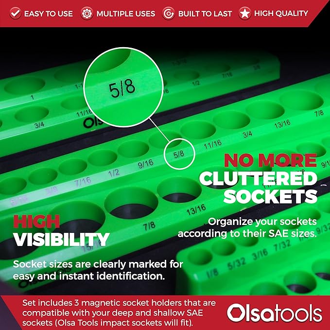 Olsa Tools Magnetic Socket Organizer | 3 Piece Socket Holder Kit | 1/2-Inch, 3/8-Inch, & 1/4-Inch Drive | SAE Green | Holds 68 Sockets | Professional Quality Tools Organizer