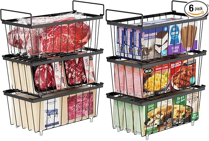iSPECLE Freezer Storage Bins - 6 Pack Small Stackable Deep Freezer Organizer Bins for Most 7 Cu.FT Chest Freezer Sort Frozen Food, Freezer Basket with Handles Easy to Get Food from Bottom, Black