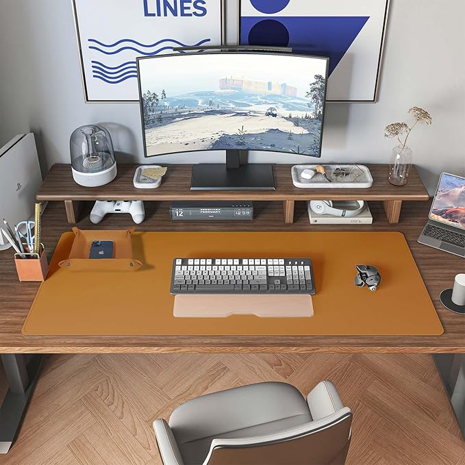 DAWNTREES Dual Sided Desk Mat,Leather Desk Pad,Brown 35.5"x17",Cork Desk Mat Protector,with PU Leather Valet Tray Organizer,Large Mouse Pad,Desk Writing Pad for Office and Home