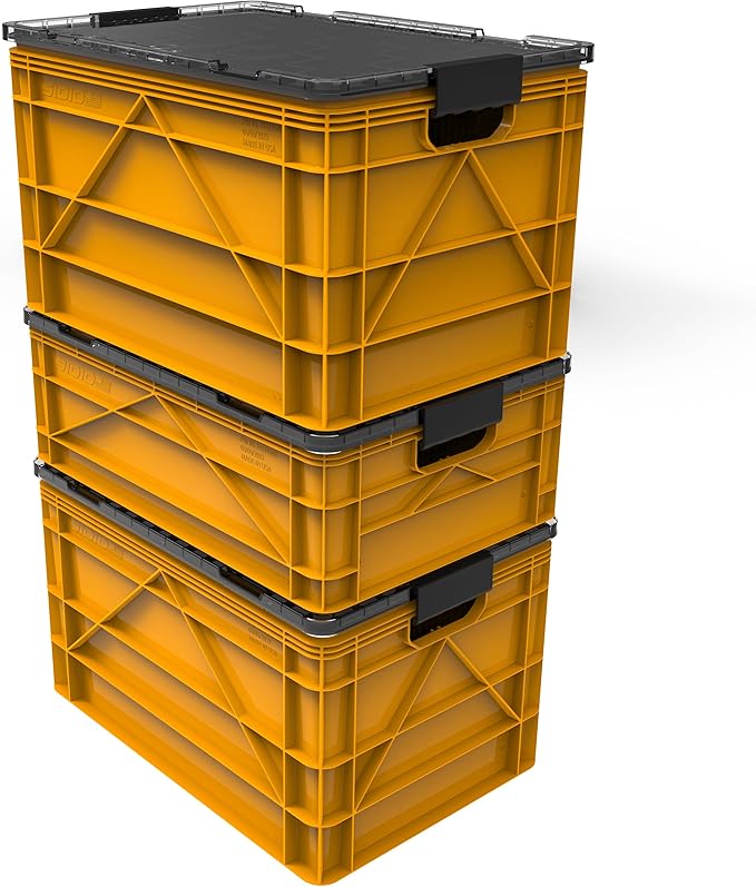 SIDIO CRATE Pro Pack - Two Full Size and One Half Size Heavy Duty Stackable Storage Bins, Totes and Containers with Lids and Dividers - Durable Organizer for Home, Office, Garage, and Outdoor Use