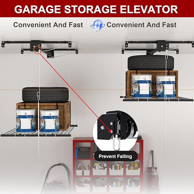 Montary 4x4 FT Overhead Garage Storage Rack for 10-12 FT Ceiling, Adjustable Ceiling Storage Rack with Safety Lock, 250LBS Capacity All-Steel Construction Heavy-Duty Garage Lifting Organizer