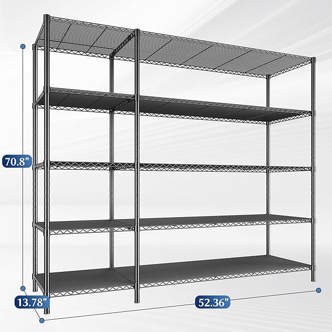 70.8H Wire Shelving Rack, 5Tier Metal Shelving Unit,1400LBS Heavy Duty Storage Shelves,Adjustable Pantry Shelves, Metal Shelf and Storage Rack,Industrial Shelving 52.36W x13.78Dx70.8H,2PCS
