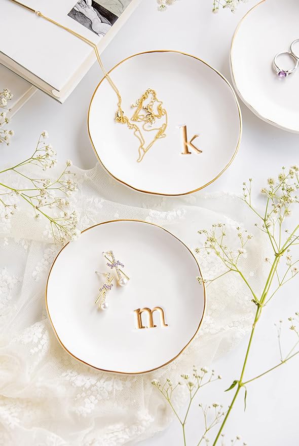 COLLECTIVE HOME - Ceramic Jewelry Tray, Decorative Trinket Dish for Rings Earrings Necklaces Bracelet Watch Keys, Birthday Mother's Day Christmas Gift for Women, 4.75", White Surface (V)