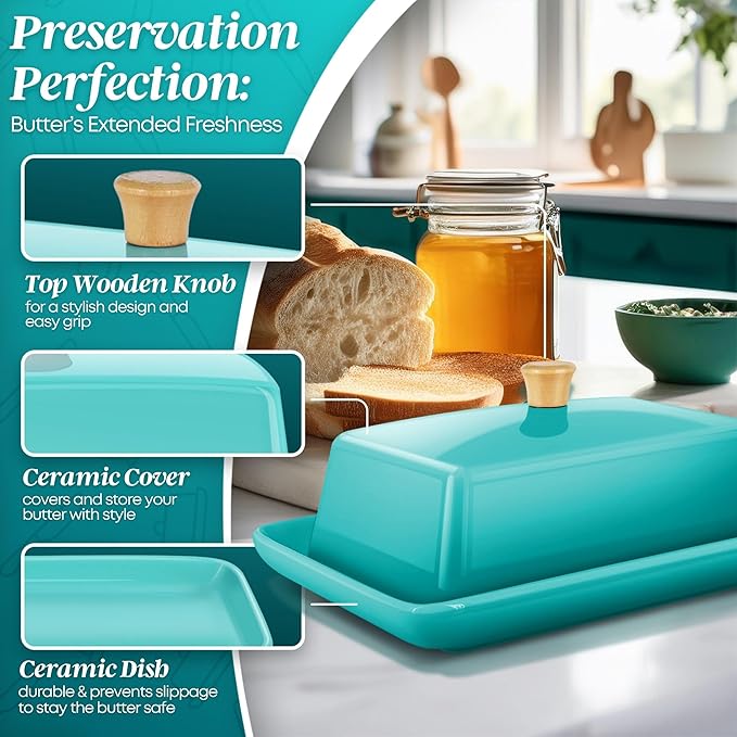 Flexzion Ceramic Blue European Butter Dish with Lid for Countertop (8 Inch) - Wide 2 Stick Double Butter Holder for Counter, Cream Cheese Container Storage Keeper