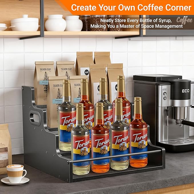 4-Tier Liquor Bottle Display Shelf, Coffee Syrup Rack Organizer, Water Bottle Organizer, Mini Bar Cabinet, Rustic Bar Shelves for Liquor Whiskey, Spirits（Black）