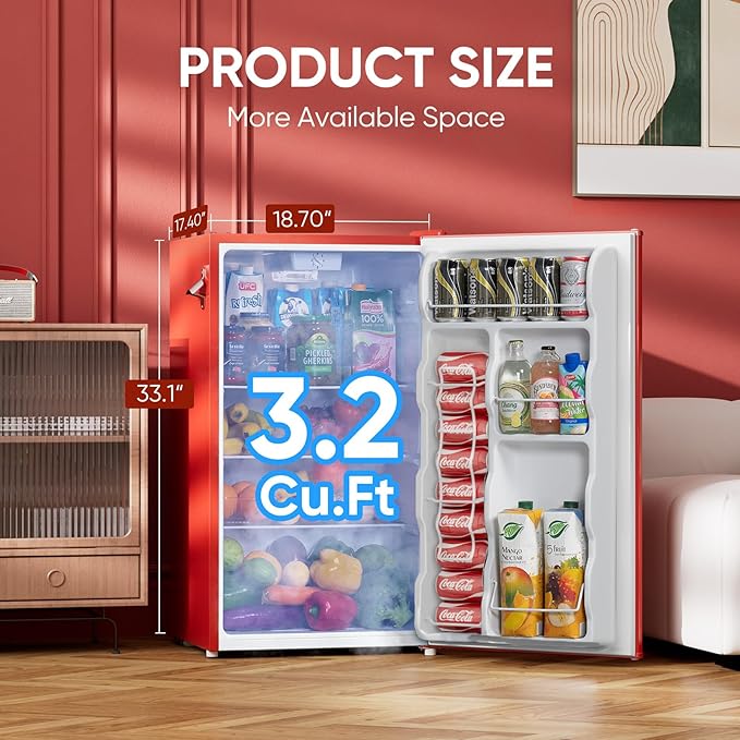 Upstreman 3.2 Cu.Ft Retro Mini Fridge with Bottle Opener, Energy Saving, Adjustable Thermostat, Metal Handle, LED Lamp, Mini Refrigerator for Bedroom, Office, Dorm-BR321 PRO (Red)