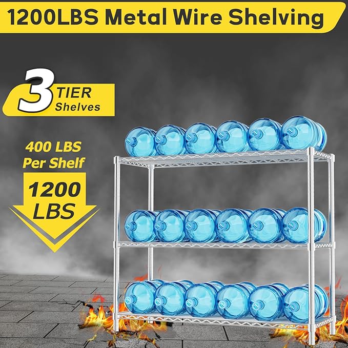 Storage Shelves, 2 PCS 48" L x 20" W x 47" H Heavy Duty Garage Wire Shelving Unit Loads 1200LBS, 3-Tier Adjustable Metal Industrial Utility Shelf Rack for Kitchen, Laundry Room, Basement