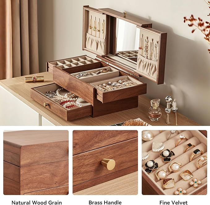 Wooden Jewelry Box for Women, 3 Level Multi-functional Drawers Black Walnut Jewelry Organizer Box, Watch, Necklace, Ring, Earring Storage Gifts(With Mirror B)