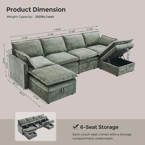 116.54" Sectional Couches for Living Room, Cloud Couch Sectional with Large Storage, U-Shape Modular Sectional Sofa with Ottoman,6 Seater Chenille Sofa with Pillow for Apartment, Bedroom, Green