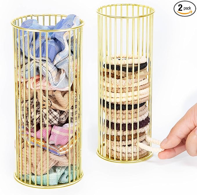 Gold Metal Hair Ties Holder Organizer – Stylish Scrunchie Stand with Side Opening for Easy Access – Countertop Hair Elastics Storage for Women & Girls, Set of 2 (Large & Small)