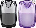 Collapsible Pop Up Laundry Hamper, Extra Large Mesh Foldable Laundry Basket Bag, 28" x 16" x 16", 2 Pack (Black + Purple)
