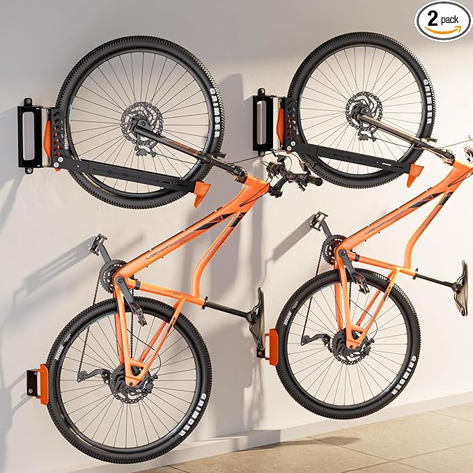 2-Pack Swivel Bike Rack Wall Mount, Bike Hangers for Garage, Space-Saving Vertical Bike Holder, Holds up to 77 lbs, Bicycle Wall Hanger Storage, No Heavy Lifting Required Indoor Hanging Bike Rack