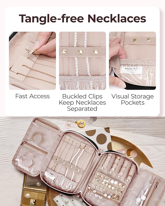 BAGSMART Jewelry Organizer Bag Travel Jewelry Storage Cases for Necklace, Earrings, Rings, Bracelet, Black