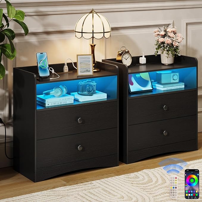 2 Pack Nightstand with Charging Station and LED Light, Modern Nightstand with USB Ports and Outlets, Wooden Bedside Table with 2 Storage Drawers, Small Dresser for Bedroom Small Space, Black