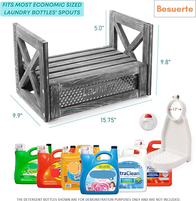Besuerte Wooden Laundry Detergent Holder – Rustic Farmhouse Laundry Shelf for Two Detergent Bottles, Laundry Room Storage and Décor, Countertop Organizer with Drip Tray & Cup Holders