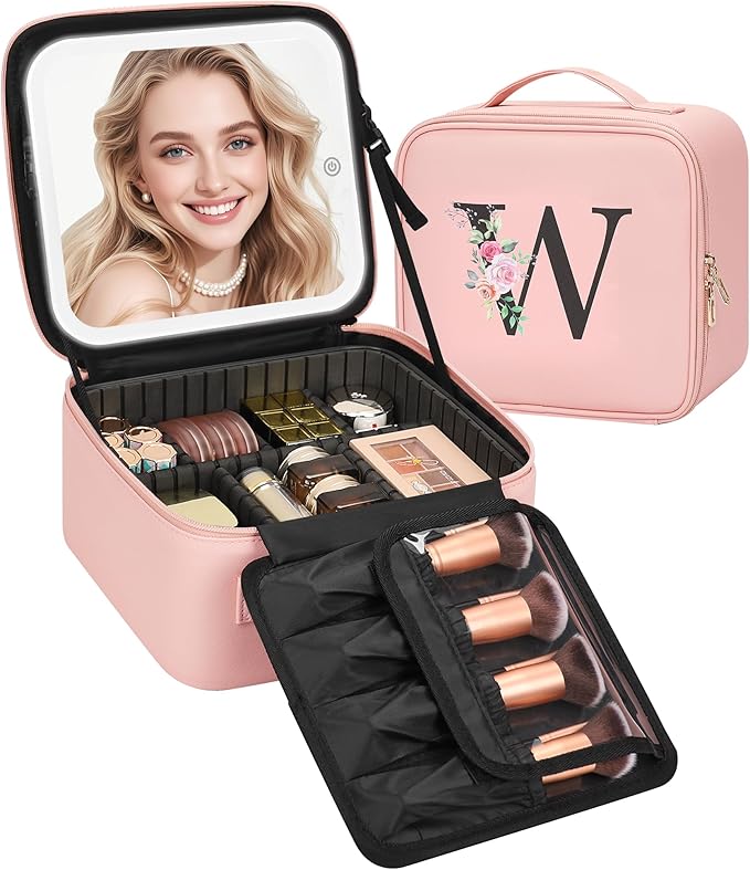 Relavel Initial Makeup Bag with LED Mirror for Women Girls, Personalized Travel Cosmetic Organizer Train Case, Birthday Gifts for Grandkids Bridesmaid Graduation Teacher Friends, Trendy Stuff, Pink W
