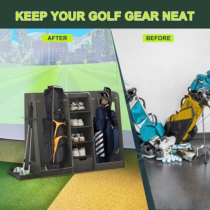 Wooden Golf Bag Storage Organizer Fits 2 Bags and Multiple Golfing Equipment Accessories, Golf Bag Rack Club Stand Holder Great Gifts for Any Level Golfer