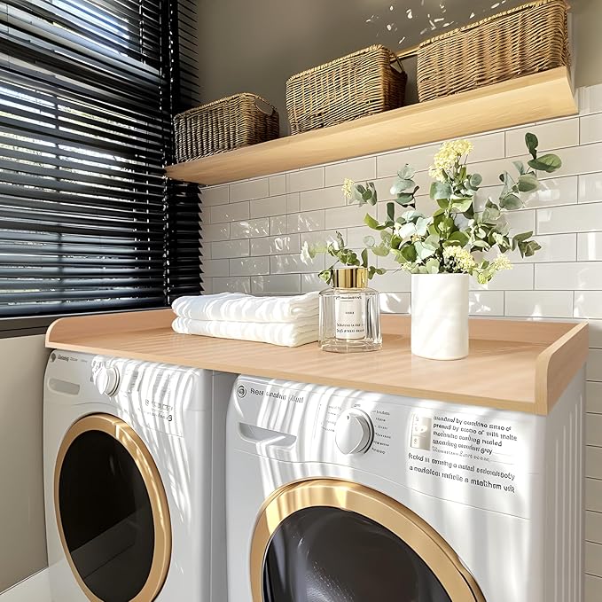 Kaboon Washer Dryer Countertop, Melamine Countertop with Edge Rails - 27.5" Depth x 54" Width Laundry Room Organization, Light Walnut