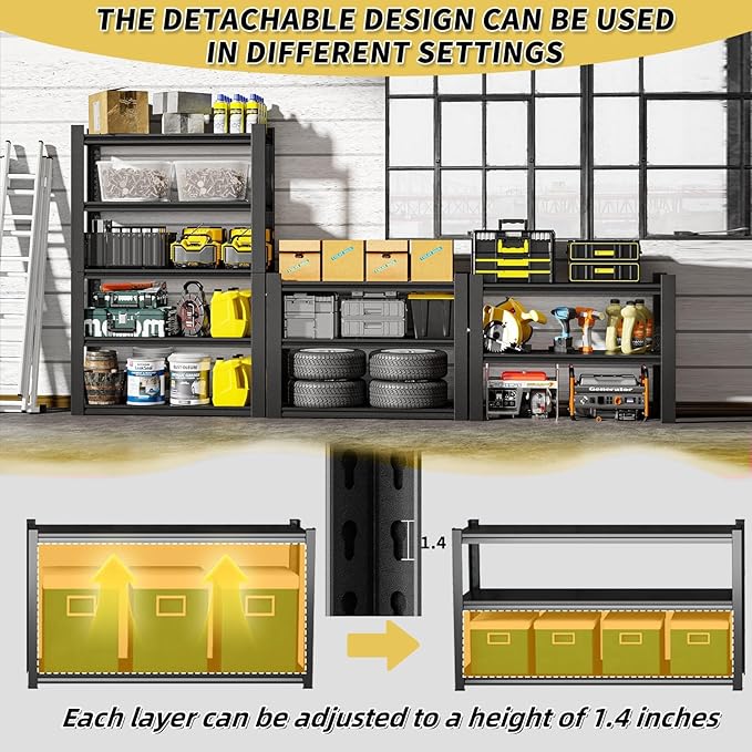 72" H Garage Shelving, 5 Tier Heavy Duty Metal Shelving with Adjustable Shelves, 3000LBS Storage Racks, Shelf Storage Units, Utility Shelves for Garages, Basements, Warehouses, Supermarkets