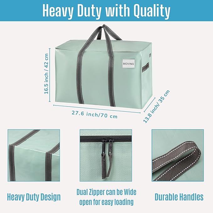 VENO 4 Pack Moving Bags and Large Christmas Storage Bins with lids. Alternative to Moving Boxes, Packing Supplies for College. Extra Large Heavy Duty Totes for Packaging (Shiny Light Green, 4 Pack)