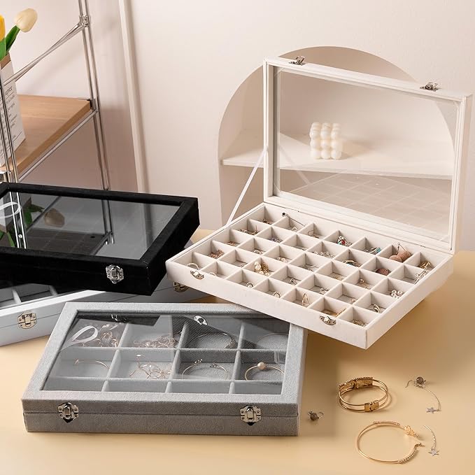 Frebeauty Velvet Jewelry Tray,35 Grid Jewelry Organizer with Clear Lid,Earring Holder Organizer Case with Clasp,Drawer Insert for Rings Studs,13.8 x 9.5 x 2 Inches,Gift for Women Girls(Grey)