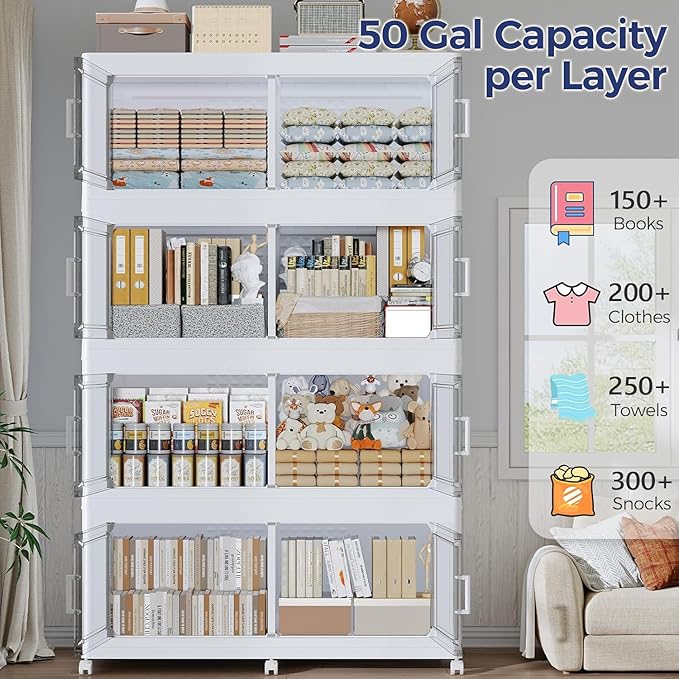 150Gal Stackable Storage Bins with Lid, 600Qt Extra Large Collapsible Storage Box with Wheels, Dividers, Folding Plastic Cabinet Closet Organizers for Home Kitchen Office Dorm, 3Pack White