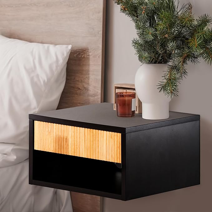 JONATHAN Y NST2001A Elise 15.71" Classic Contemporary Floating Wall Mounted Nightstand with Soft-Close Tambour Drawer and Cable Hole, Black/Light Oak