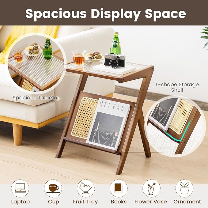 GOFLAME Rattan Side Table Set of 2, Z-Shaped End Table with Tempered Glass Top, Magazine Rack, Boho Night Stand, Small Coffee Table, Bamboo Accent Bedside Table for Living Room, Bedroom, Walnut
