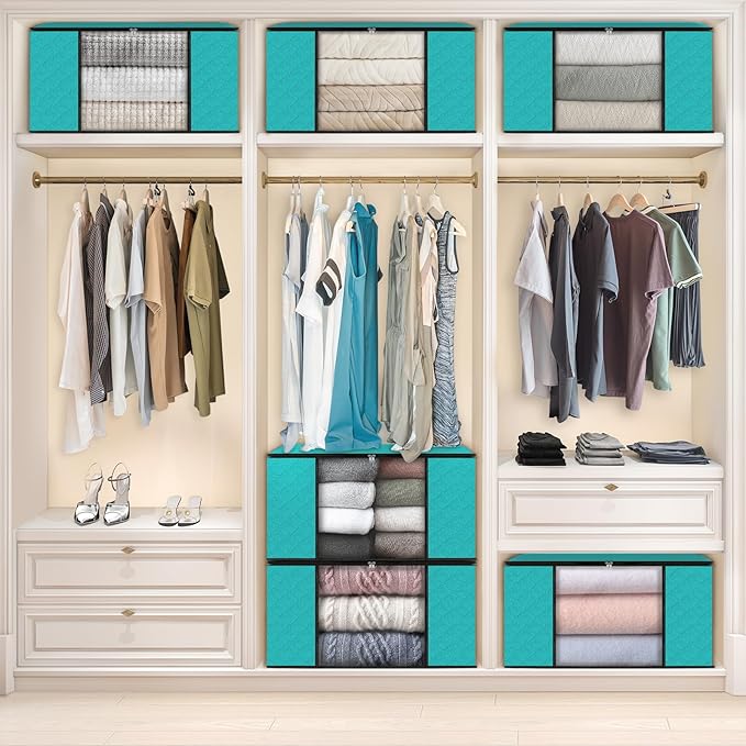 Fab totes Storage Bags,Clothes Blanket Storage Bins Foldable Closet Organizers with Reinforced Handle for Home Dorm Storage and Organization,Fabric Bags for Organizing Sheets,Clothing (Green,6 Pack)