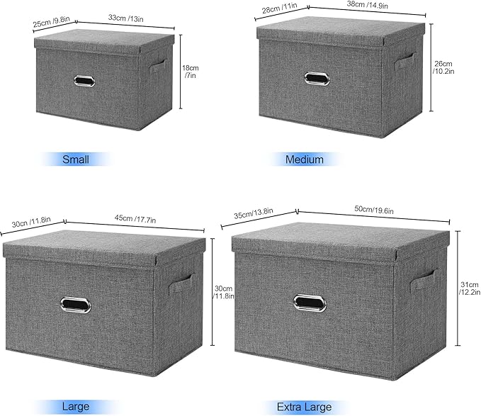 Large Linen Fabric Foldable Storage Bins with Removable Lid and Handles, Washable Storage Box Organizer Containers Baskets Cube with Cover for Bedroom,Office(Black, Large)