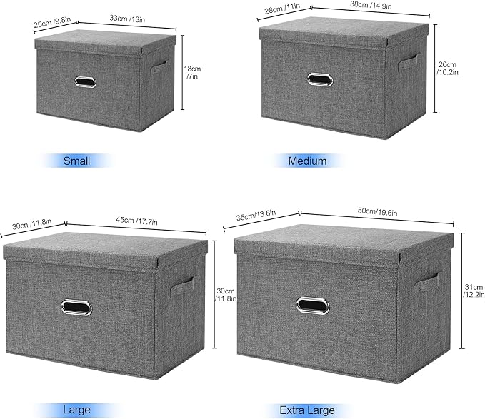 Large Linen Fabric Foldable Storage Bins with Removable Lid and Handles, Washable Storage Box Organizer Containers Baskets Cube with Cover for Bedroom,Closet,Nursery (Grey, Medium(2-Pack))