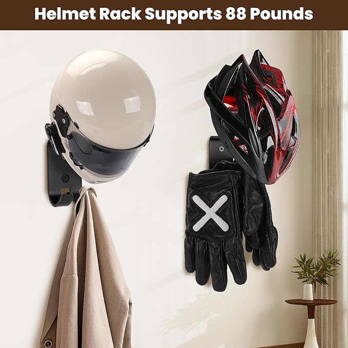 Motorcycle Helmet Holder Wall Mount - Solid Wood & Steel Gear Organizer Rack with 2 Hooks, Heavy Duty Display Hanger for Helmets, Football Gear, Ski Equipment, Hats, Jackets