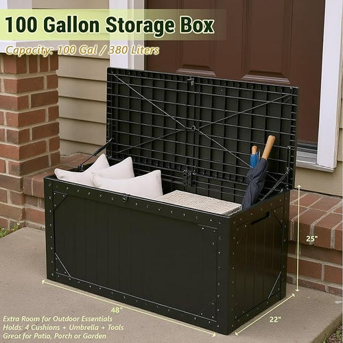 100 Gallon Resin Deck Box, Waterproof Outdoor Storage Box for Patio Furniture, Garden Tools, and Pool Accessories, Lockable UV-Resistant Storage Bin Bench Cabinet for Outside, Black