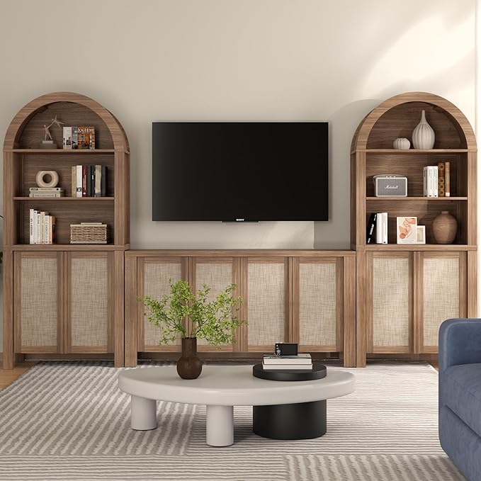 Yechen Arched Bookcase, 70.5" Tall Bookcase with Storage, Mid-Century Modern 5 Tier Bookshelves with Door, Boho Rattan Bookshelf for Living Room Kitchen Office Bedroom Library, Natural Walnut,1 PCS