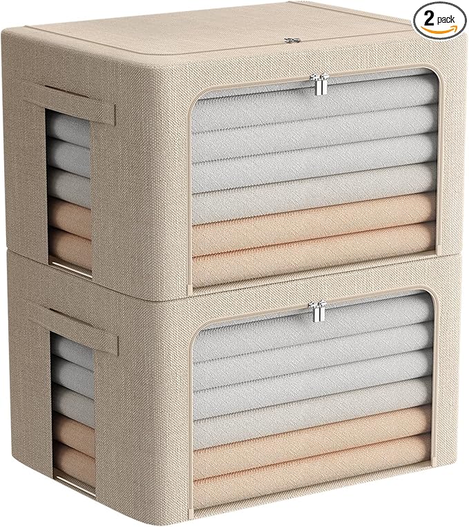 FHSQX 2 Pack Clear Window Storage Bins Foldable Fabric Storage Bins Boxes for Clothes Stackable Box Organizer Set with Carrying Handles (Beige, 22L,15.7x 11.8x 7.8 Inch)