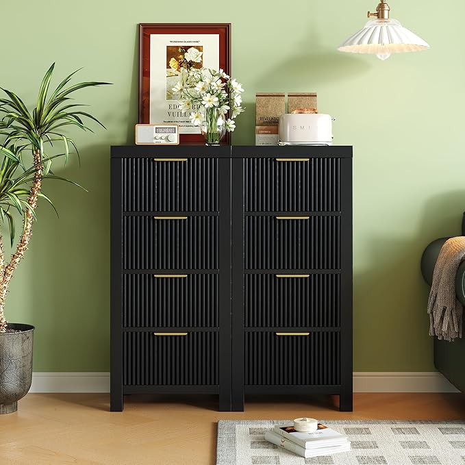 Mid-Century Modern Tall Wooden Dresser with 8 Spacious Drawers, Entryway Storage Chest with Smooth Metal Handles, Bedroom Clothes Organizer for Entryway, Office, and Small Spaces, Black X2
