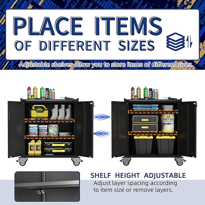 Metal Tool Cabinet,Garage Storage Cabinet System,Wall Cabinet & Locking Rolling Tool Cabinet with Doors and Adjustable Shelves,Steel Tool Cabinets for Home (2 Pcs-StyleC, Black)