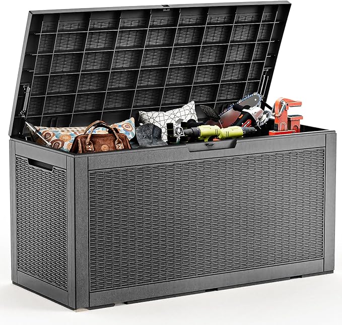 100 Gallon Deck Box,Resin Outdoor Storage Box with Lockable for Patio Furniture, Pool Accessories, Garden Tools Waterproof Outside Storage Box, Black