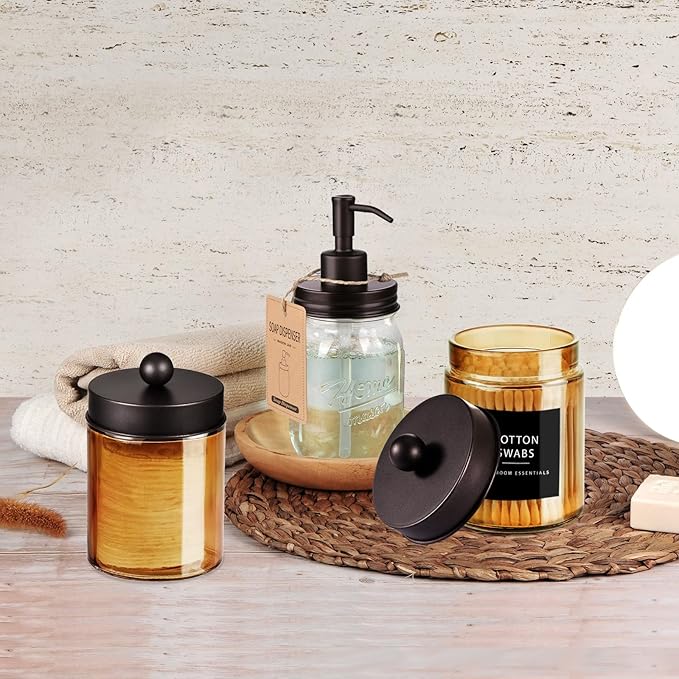 Amolliar Bronze Glass Apothecary Jar With Metal Lid & Stickers, Bathroom Qtip Dispenser Storage Canister, Perfect for Cotton Balls, Cotton Swabs, Makeup Pads, Bath Salt, Floss,4 Pack (Bronze)