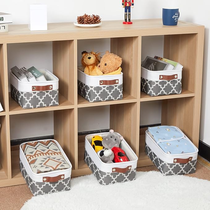 HNZIGE Small Baskets Fabric Storage Baskets(6 Pack) Storage Bins with Leather Handles Empty Gift Basket Decorative Storage Baskets for Shelves, Baby Clothes Toys(Pattern&White,11.8" x 7.8" x 5.1")