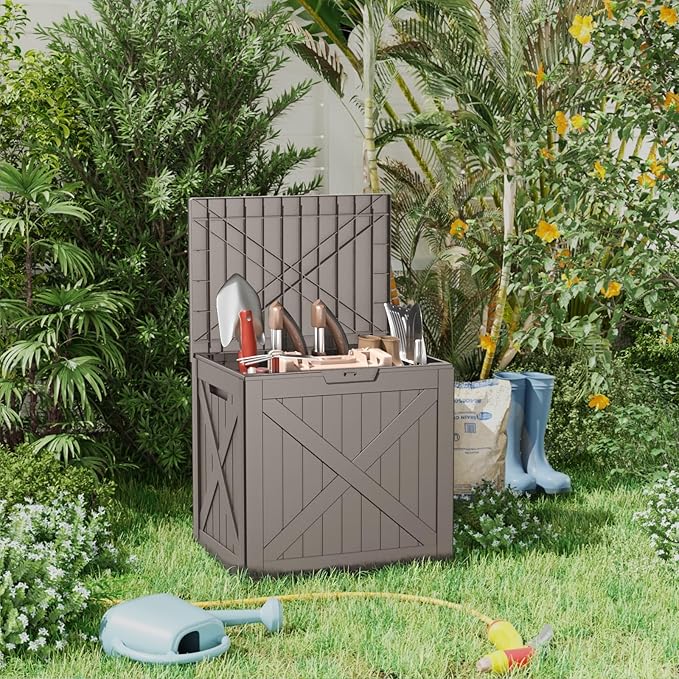 32 Gallon Deck Box,Resin Outdoor Storage Box with Lockable for Patio Furniture, Pool Accessories, Garden Tools, Waterproof Outside Storage Box, Grey