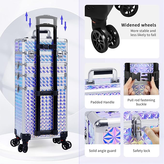 AROUS 5 in 1 Rolling Makeup Train Case Cosmetology Case on Wheels Large Cosmetic Organizer Travel Cart for Hairstylist Artist Nail Beauty Salon Barber,Silver