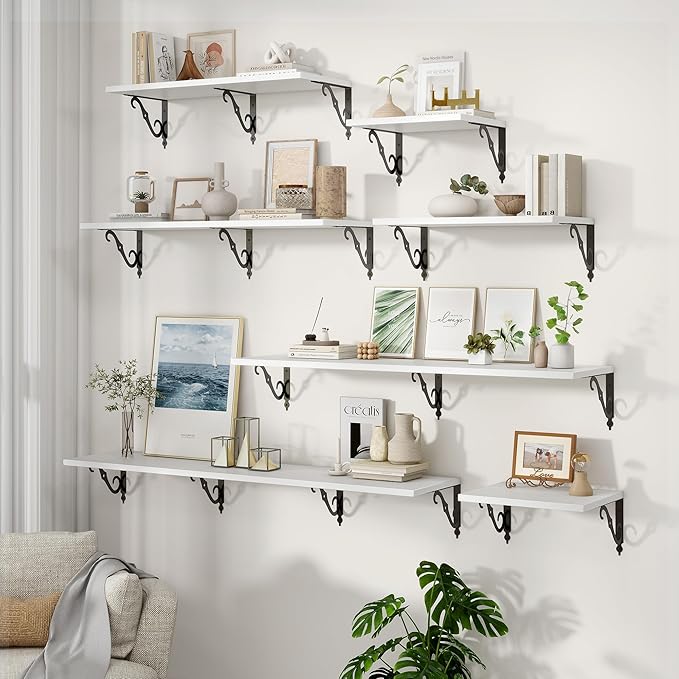 Fun Memories 55 Inch Floating Shelves, Long Floating Shelves Wall-Mounted, 12 Inch Deep Bookshelf with Bracket, 55" W x 12" D Shelves for Wall Display & Storage, White, Set of 2