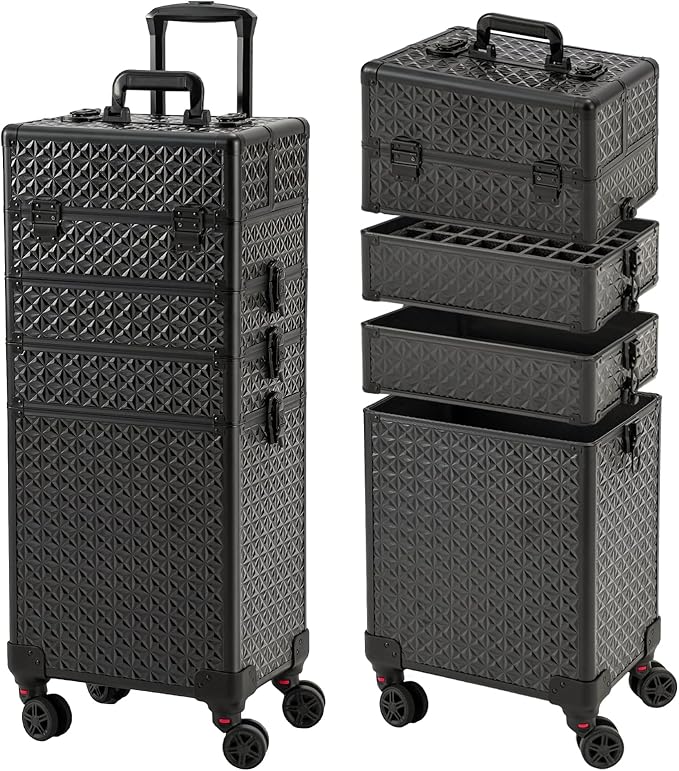 Leeora&Leekoo Portable Multi-Storey Nail Case for Nail Tech Organizer - Wheels Makeup Case Organizer, Cosmetic Case, Makeup Train Case, Make Up Case (Black)