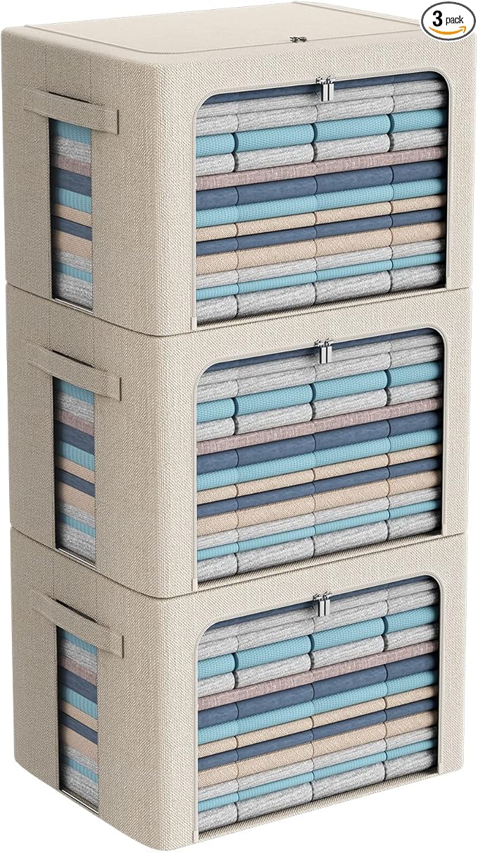CYhom 3Pack Foldable Storage Bins - Frame Storage Box Linen Fabric Stackable Clothes Container Organizer with Clear Window & Carry Handles Large Capacity (Extra Large-100L, Beige)