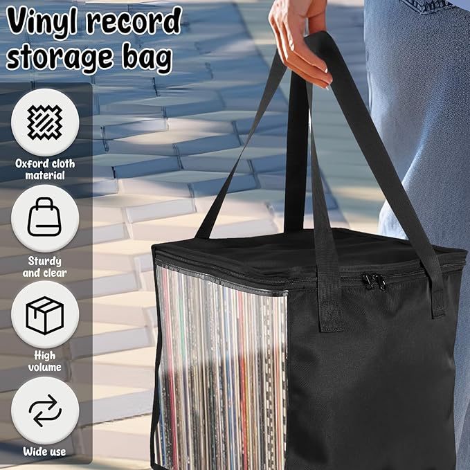 1/4 Pcs Vinyl Record Storage Box with Lid and Handles, Oxford Cloth Record Album Storage Crate, Foldable and Stackable Record Organizer Storage Case for Collecting Valuable Album (2PCS)