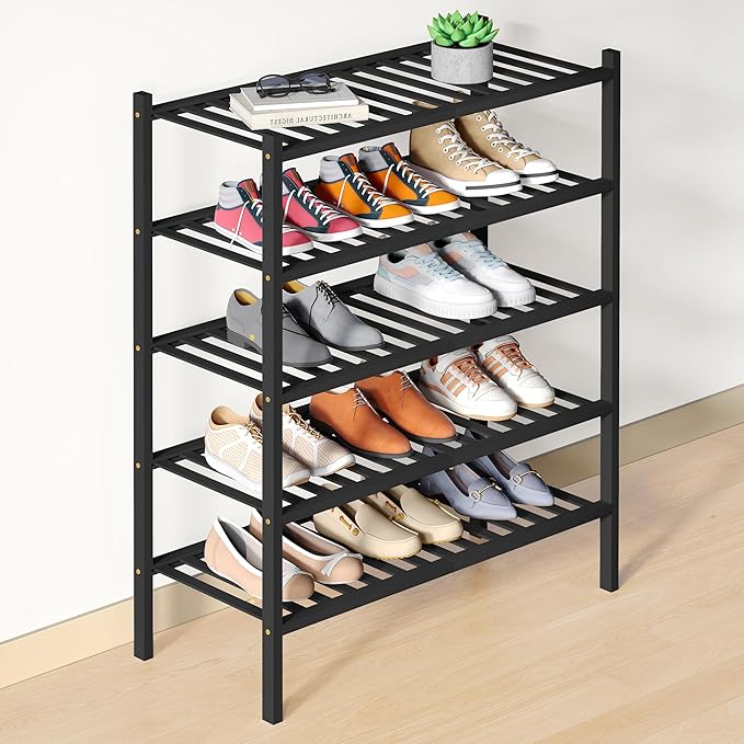 Smiry Bamboo Shoe Rack for Closet, 5 Tier Wooden Stackable Shoe Organizer, Free Standing Shoes Storage Shelf for Entryway, Front Door Entrance, Black