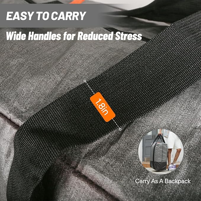 2 Pack Moving Bags, Heavy Duty Storage Bags with Zipper, Extra Large Packing Bags with Internal Compression Straps, Wrap Around Handles, Alternative to Moving Boxes, Grey and Black
