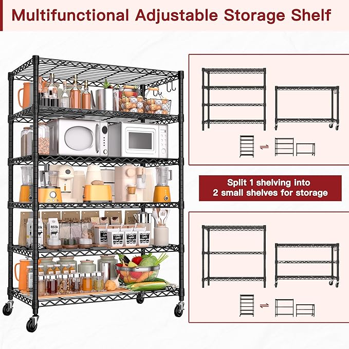 PrimeZone 6 Tier Wire Shelving with Wheels 78''H 1500lbs Storage Shelves NSF Certified Heavy Duty Steel Metal Shelf Adjustable Rolling Rack Kitchen Garage Closet Pantry Laundry 78''HX36''WX18''D 4Pcs